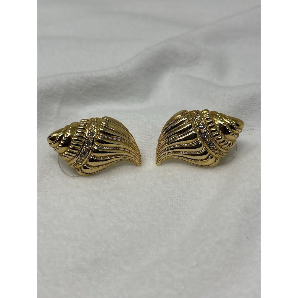 Vintage KJL for Avon Conch Seashell‎ Gold Toned Earrings with Rhinestones